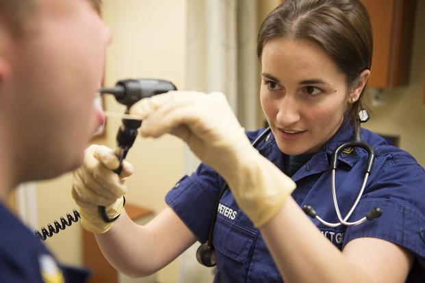 Coast Guard Petty Officer 3rd Class Lindsey Peters conducts duties as a health services technician at the Coast Guard Baltimore Clinic in Baltimore.